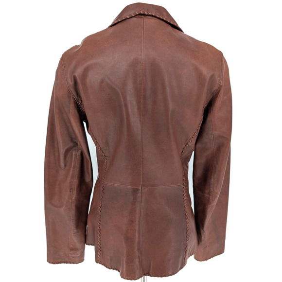 VTG Rizal Neiman Marcus Brown Leather Whip Stich Boho Western Blazer Medium Wmns - Picture 6 of 10